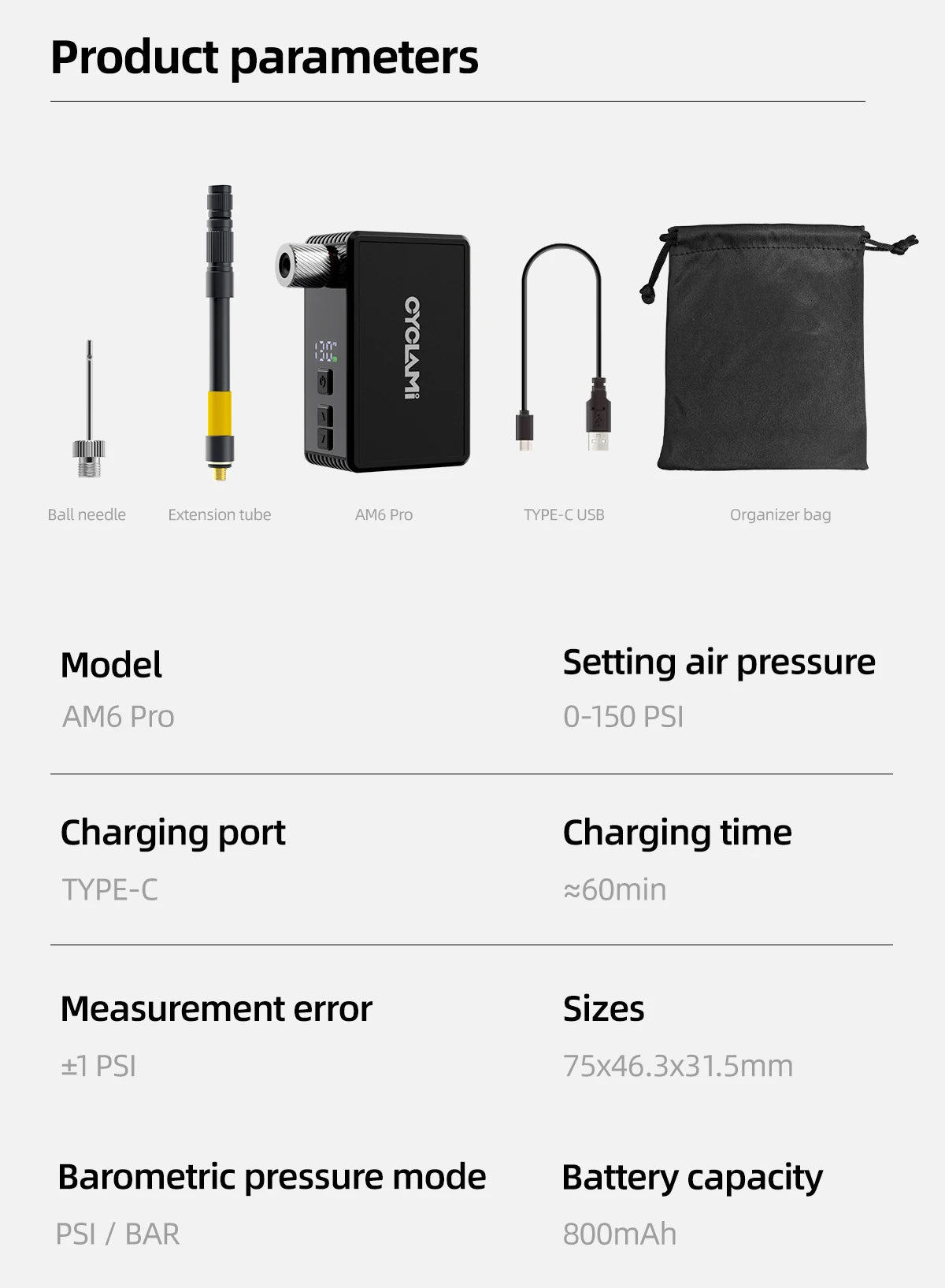 CYCLAMI AM6 Pro Mini Electric Bike Pump – 150 PSI