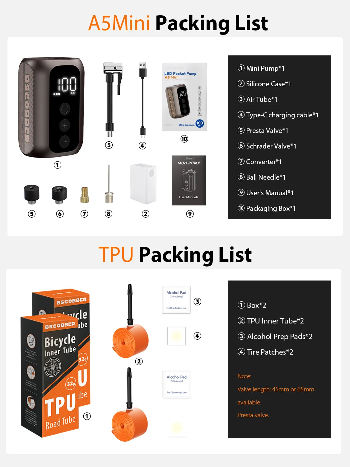 BSCOBBER A5 Mini Electric Bike Pump + 2 TPU Tubes – 100 PSI