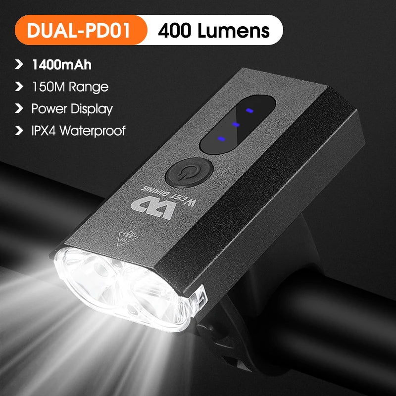 WEST BIKING Rechargeable LED Bike Front Light – 400 to 1600 Lumens