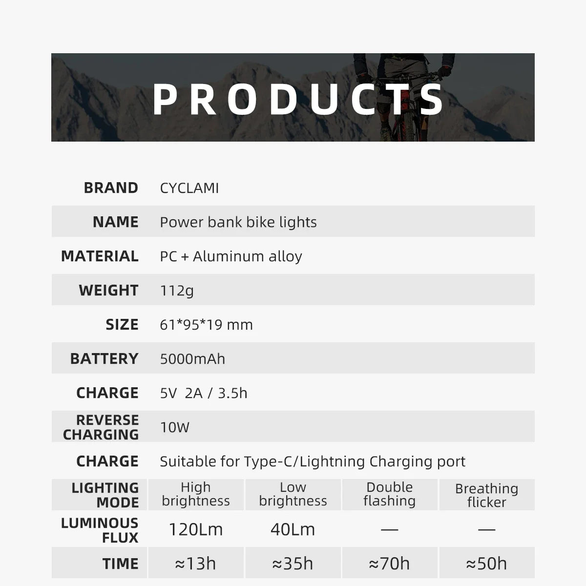 CYCLAMI RVL01 120LM Bike Safety Light & 5000mAh Power Bank