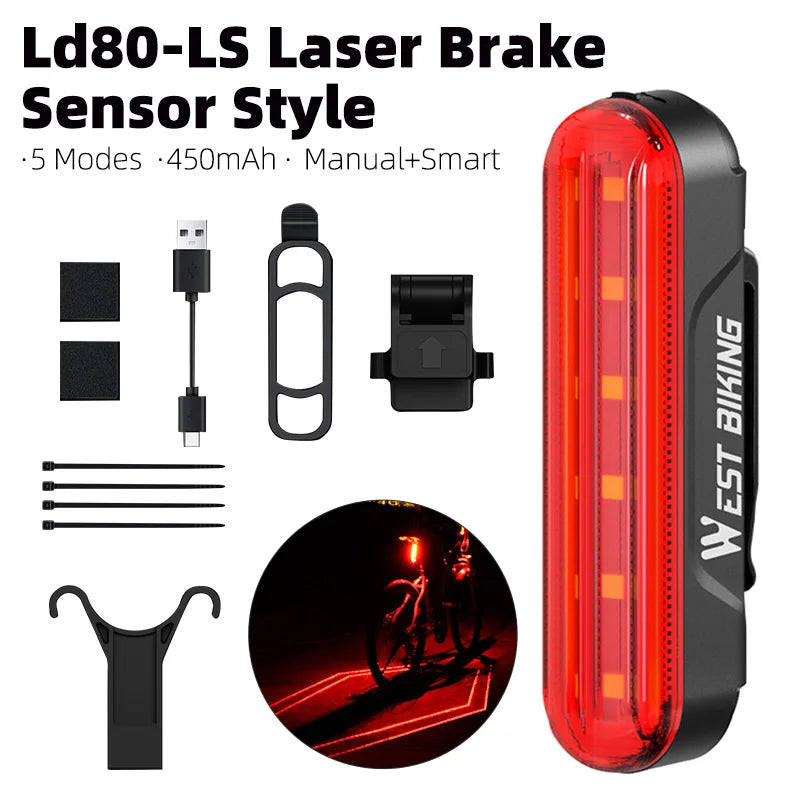 WEST BIKING LD80 Rear Bike Light – Laser & Smart Brake Sensor Options