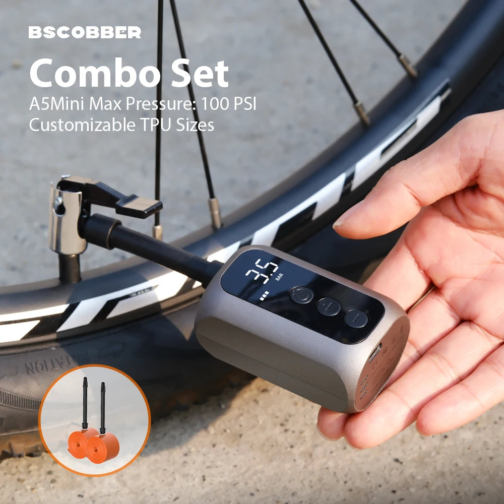 BSCOBBER A5 Mini Electric Bike Pump + 2 TPU Tubes – 100 PSI